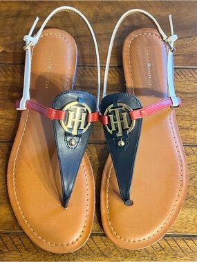 Tommy Hilfiger Logo T-Strap Sandals Red Navy Tan Size 10M